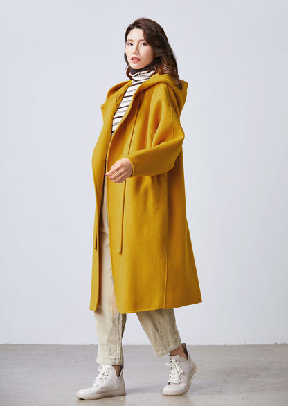 Mustard yellow cape coat, hooded coat C1713