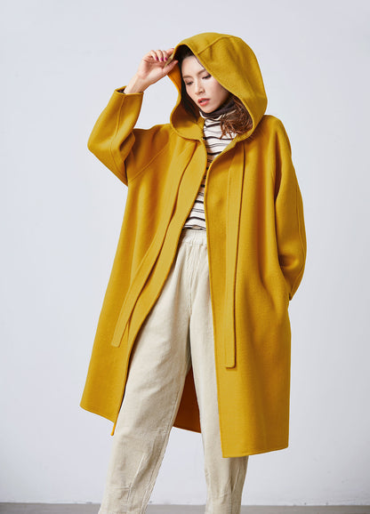 Mustard yellow cape coat, hooded coat C1713