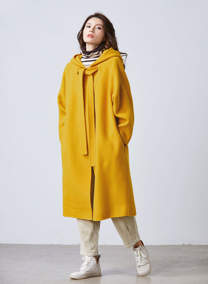 Mustard yellow cape coat, hooded coat C1713