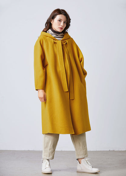 Mustard yellow cape coat, hooded coat C1713