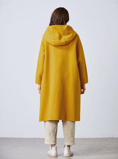 Mustard yellow cape coat, hooded coat C1713