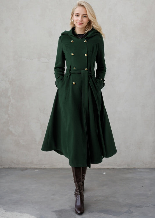Long Double Breasted Hooded Wool Coat C4406