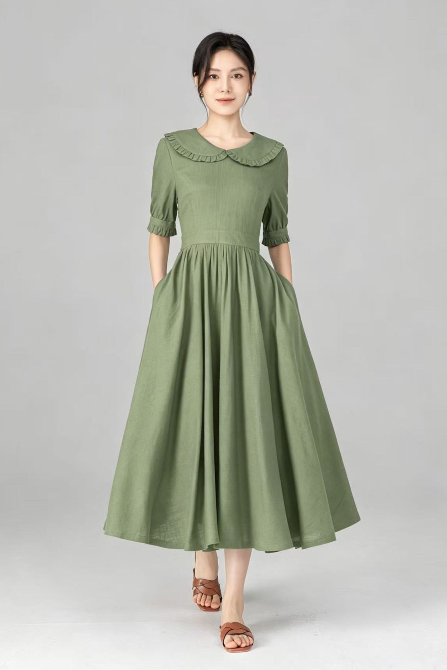 Dark Green Linen Midi Dress - Peter Pan Collar, Puff Sleeve c5515