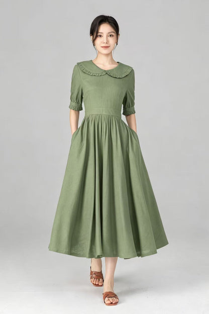 Dark Green Linen Midi Dress - Peter Pan Collar, Puff Sleeve c5515