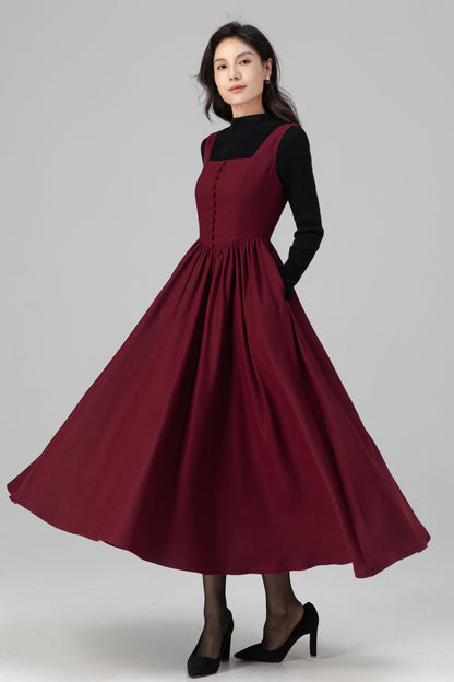 Square Neck Maxi Pinafore Wool Dress for Women C5201