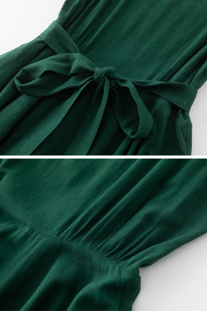 Linen midi swing green dress C4770