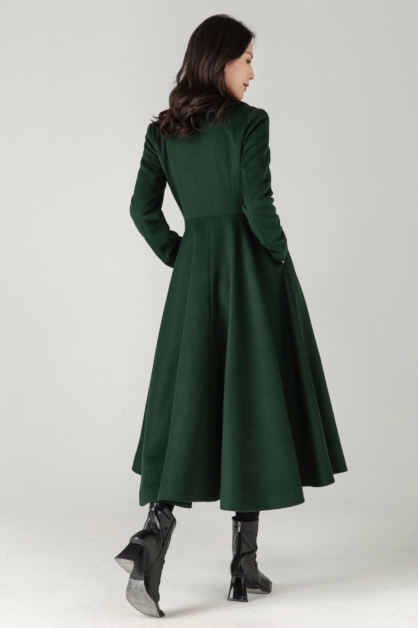 Emerald Green Wool Coat: Elegant Women's Swing Long Flared Trench Coat C5341