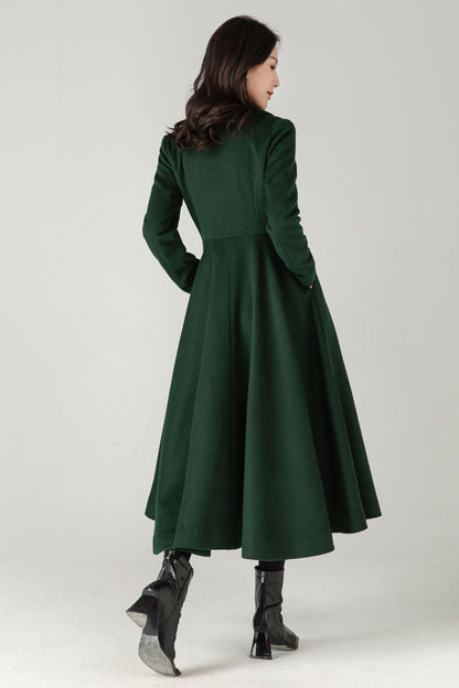 Emerald Green Wool Coat: Elegant Women's Swing Long Flared Trench Coat C5341