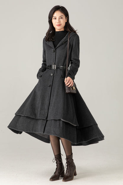 Gray Hooded Wool Blend Coat: Belted High-Low Maxi Swing Winter Overcoat, Ylistyle C5374