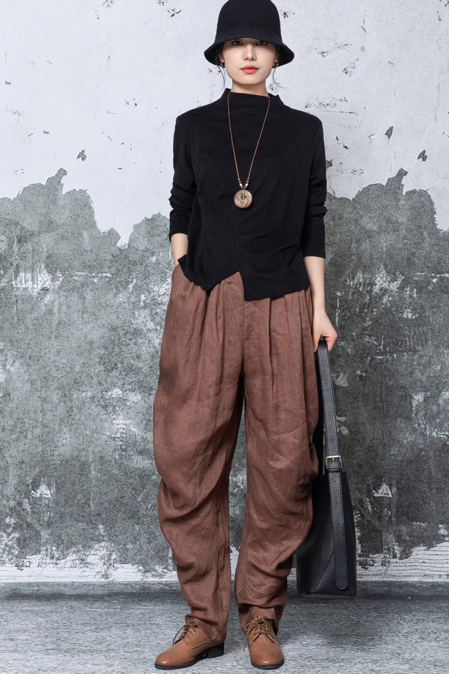 Black Cotton Blouse - Long Sleeve Mock Neck with Asymmetric Hem c5463
