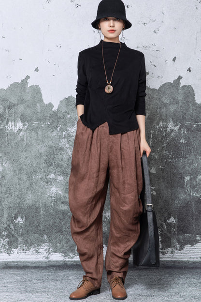 Black Cotton Blouse - Long Sleeve Mock Neck with Asymmetric Hem c5463