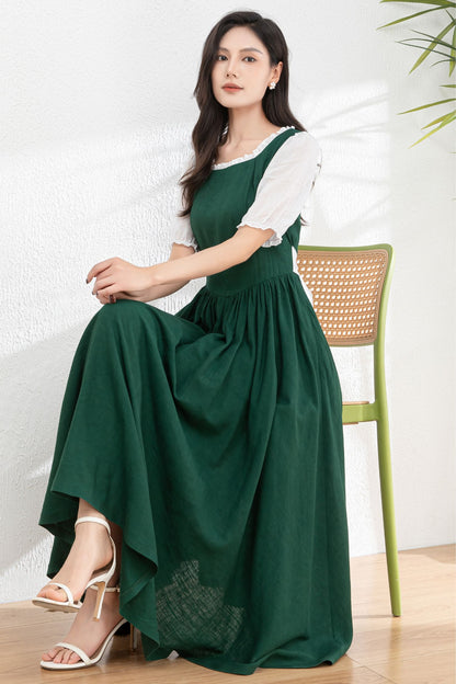Womens dark green Linen midi Cottagecore Dress c4978