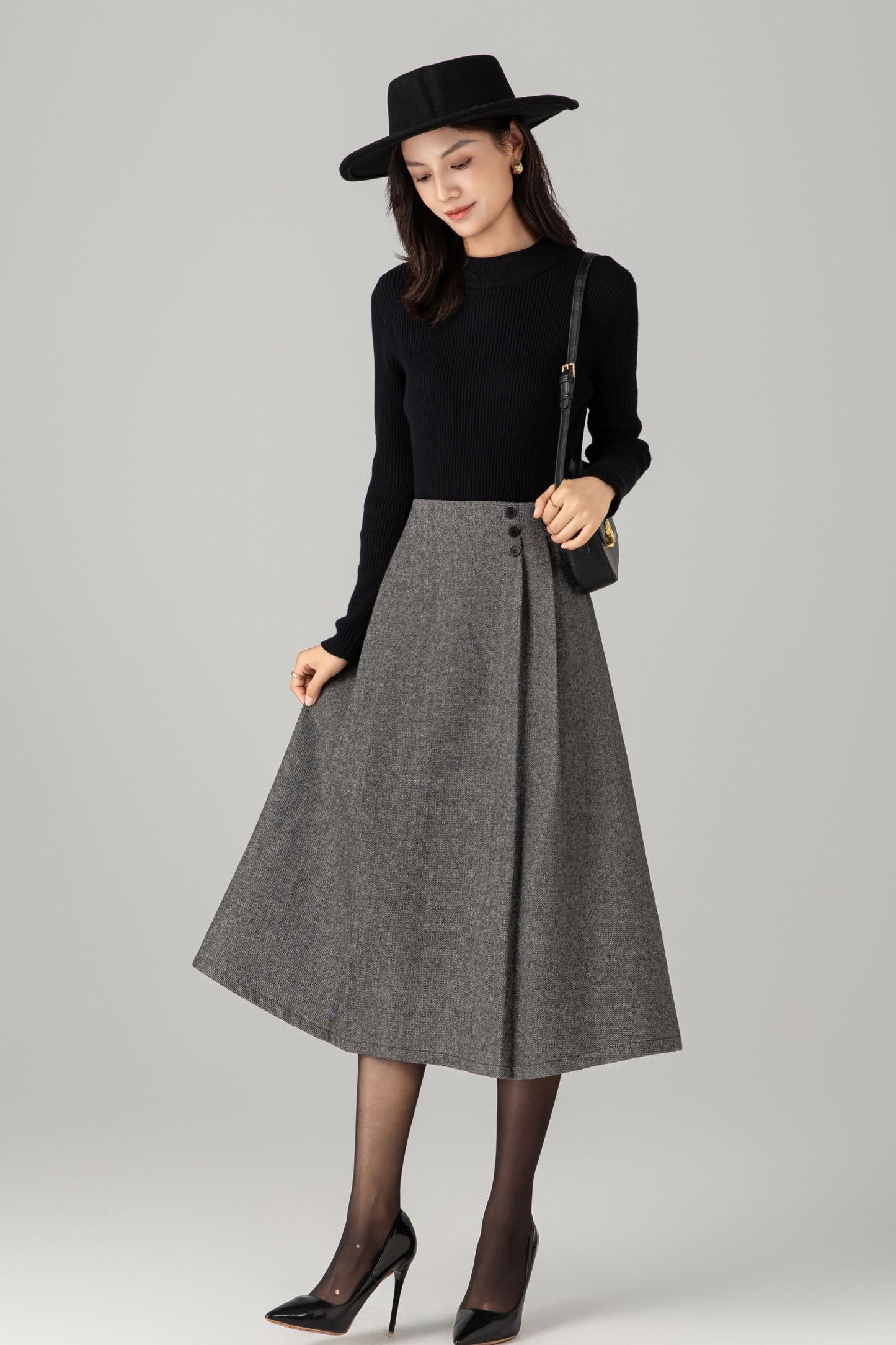 A line gray midi winter wool skirt C5277