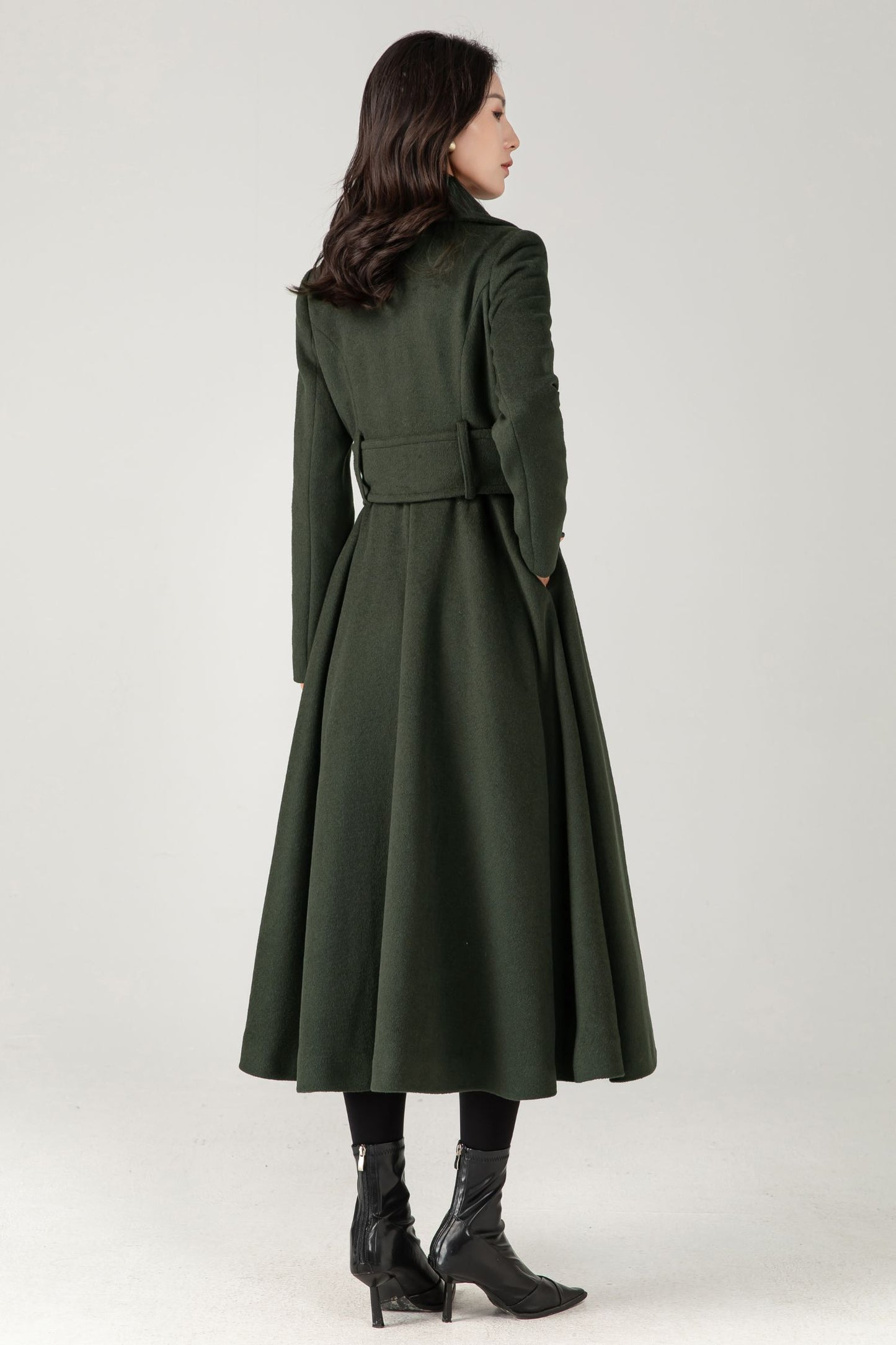 Green Wool Coat: Women’s Tailored Belted A-Line Winter Overcoa C5336