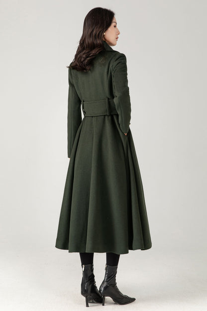 Green Wool Coat: Women’s Tailored Belted A-Line Winter Overcoa C5336