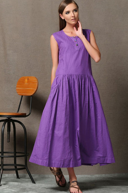 Purple Linen Dress - Loose-Fitting Fit and Flare Sleeveless Womens Dress with Pockets C541