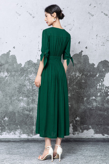 Dark Green Linen Midi Dress - V-Neck Button Front with Puff Sleeves c5473