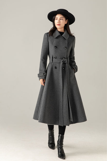 Gray Wool Blend Swing Coat: Double Breasted Belted Maxi Winter Overcoat, Ylistyle C5376