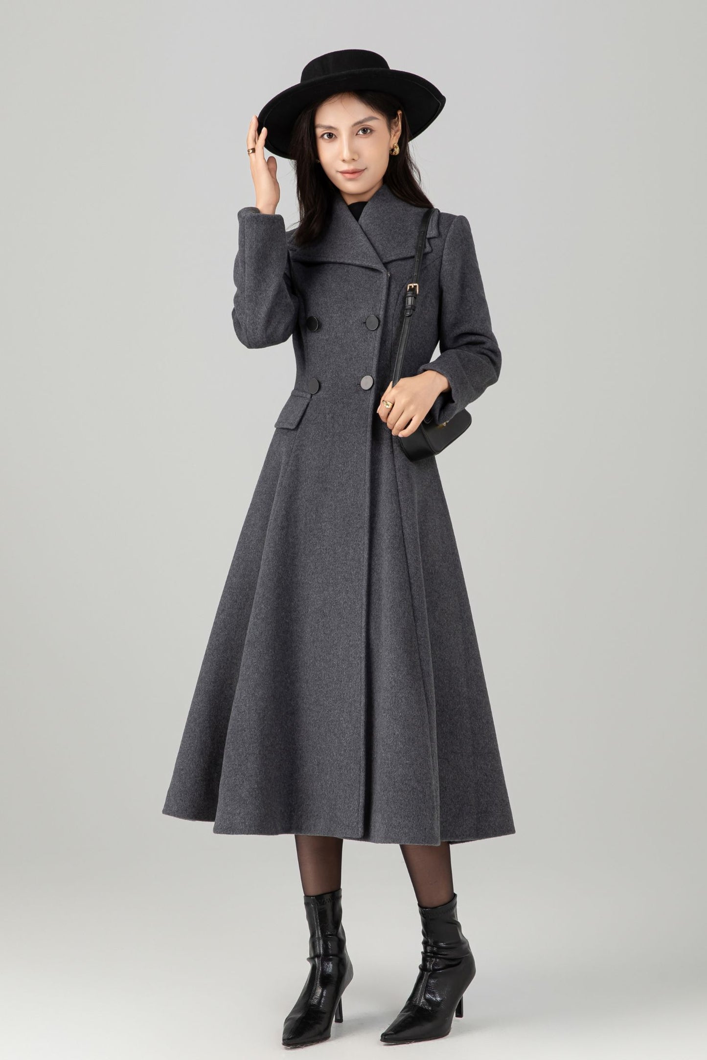 Gray double breasted long wool coat C5270