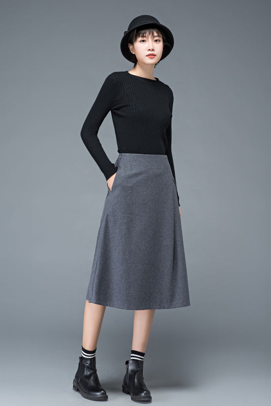 Dark gray A Line midi wool skirt c1192