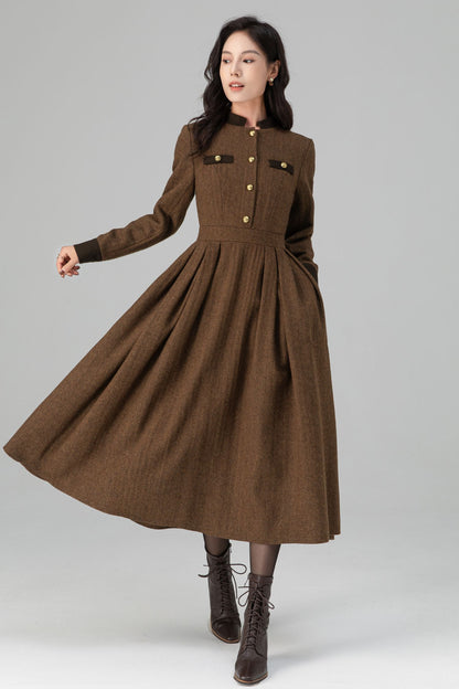 Warm Winter Military Button front Wool Dress Women C5194