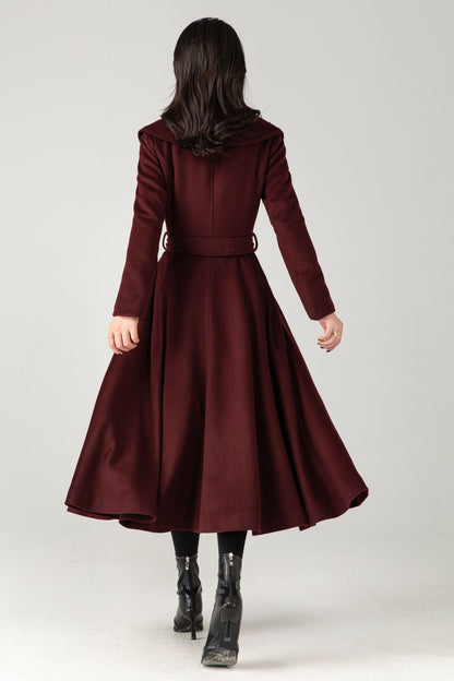 Burgundy Wool Blend Midi Coat: Belted Winter Swing Coat C5337