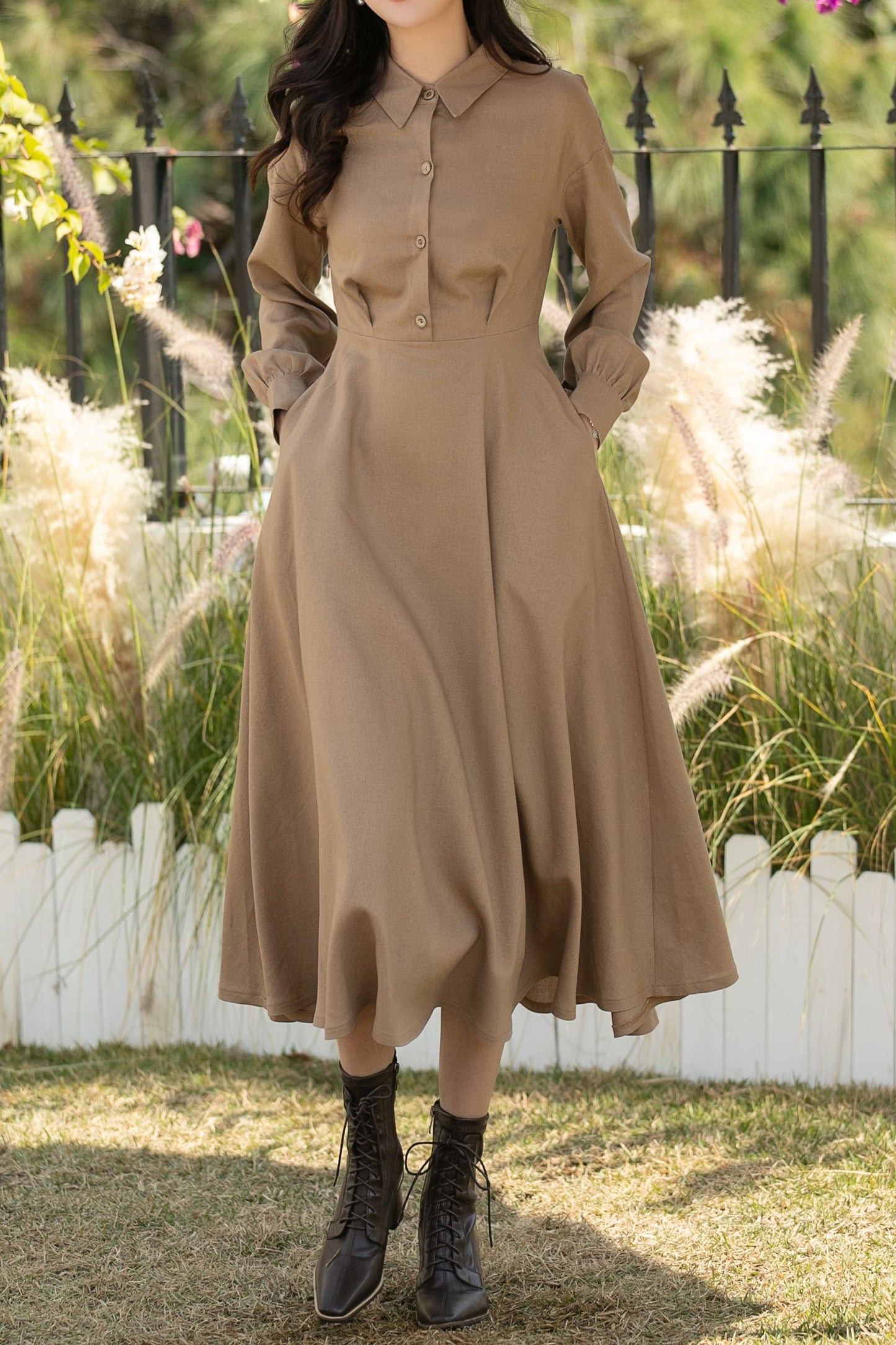 Khaki Linen Cotton Midi Shirt Dress – Casual Loose Fit Spring Dress for Women, Ylistyle C5439