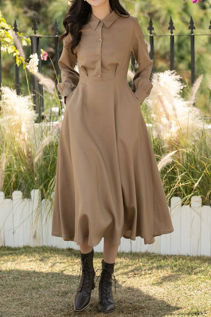 Khaki Linen Cotton Midi Shirt Dress – Casual Loose Fit Spring Dress for Women, Ylistyle C5439