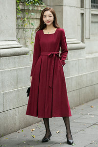 Red classic winter wool dress women C4500