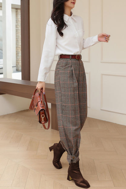 Plaid Wool Tapered Pants for Women C5189