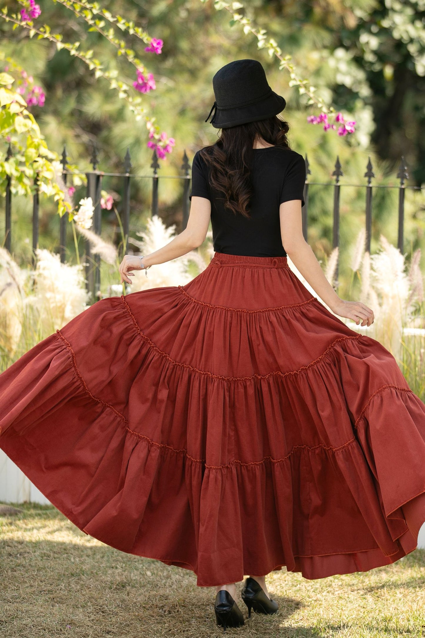 Rust Corduroy Tiered Maxi Skirt – Elastic Waist Boho Pleated Skirt C5436