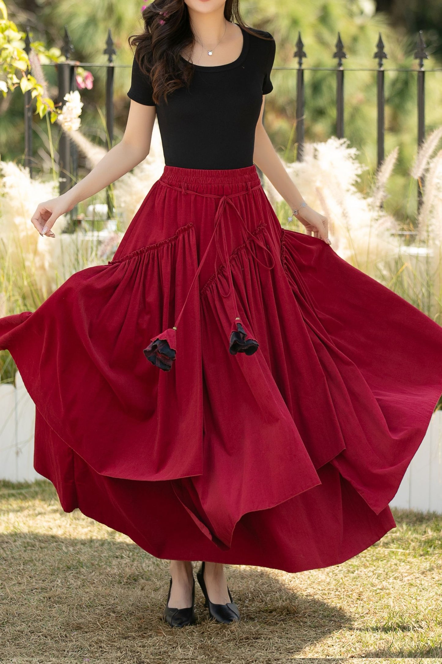 Red Corduroy Maxi Skirt – Elastic Waist Handmade Cotton Boho Skirt, Ylistyle C5441