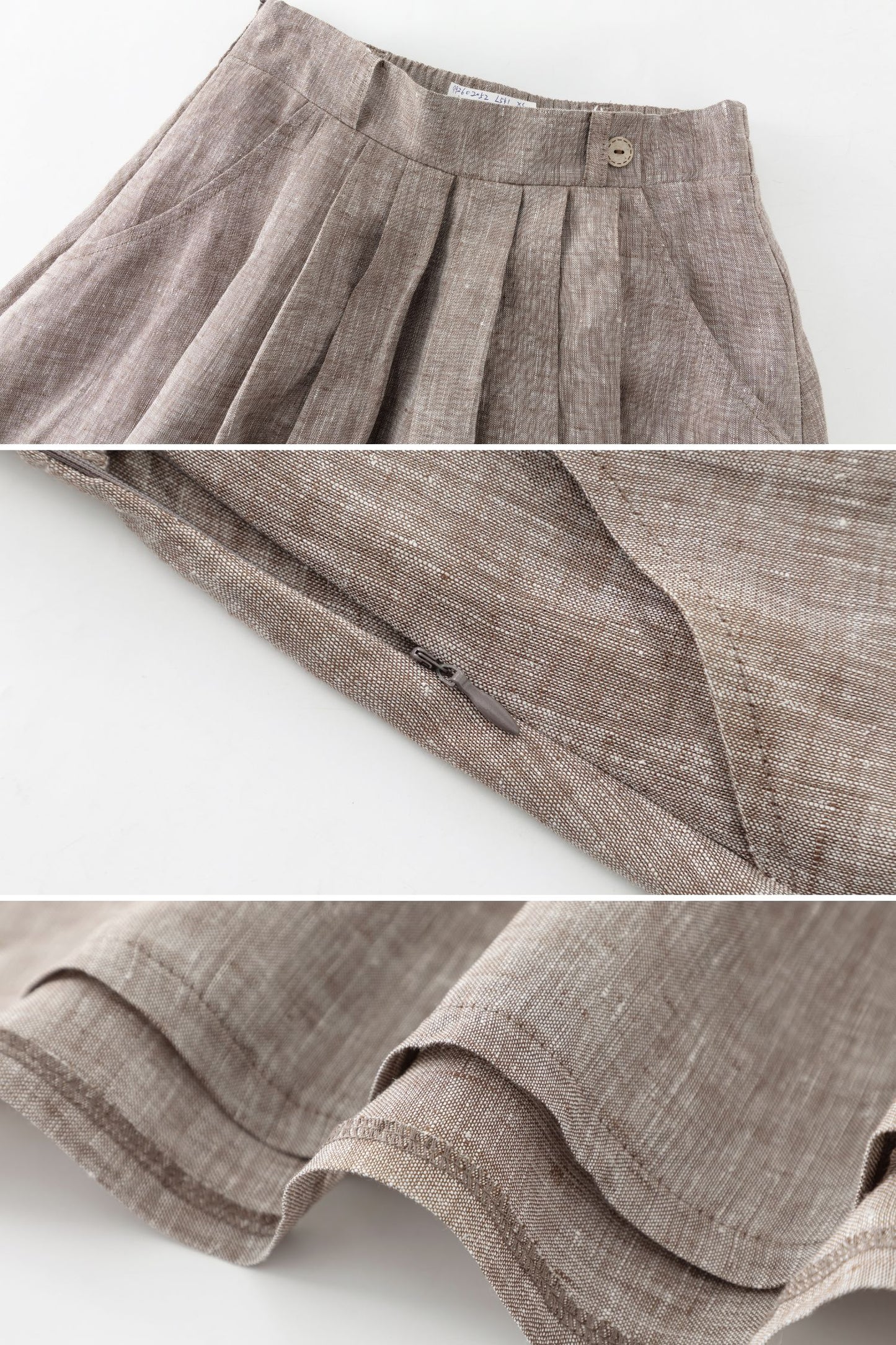 Beige Linen A-Line Midi Skirt with Pockets - Pleated & Comfortable C5520