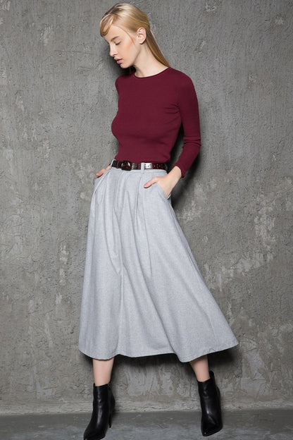 Gray pleated winter wool skirt women C737
