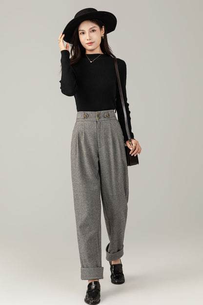 High-Waist Wool Trousers: Vintage Grey Pleated Cuffed Pants C5247