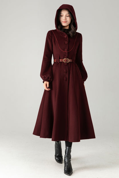 Burgundy Wool Blend Hooded Coat: Retro Belted A-Line Long Winter Coat C5343