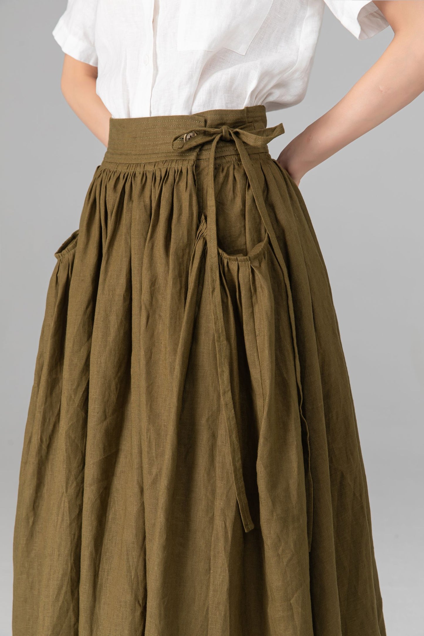 Olive Green Linen Midi Skirt - High Waisted A-Line with Pleats C5522