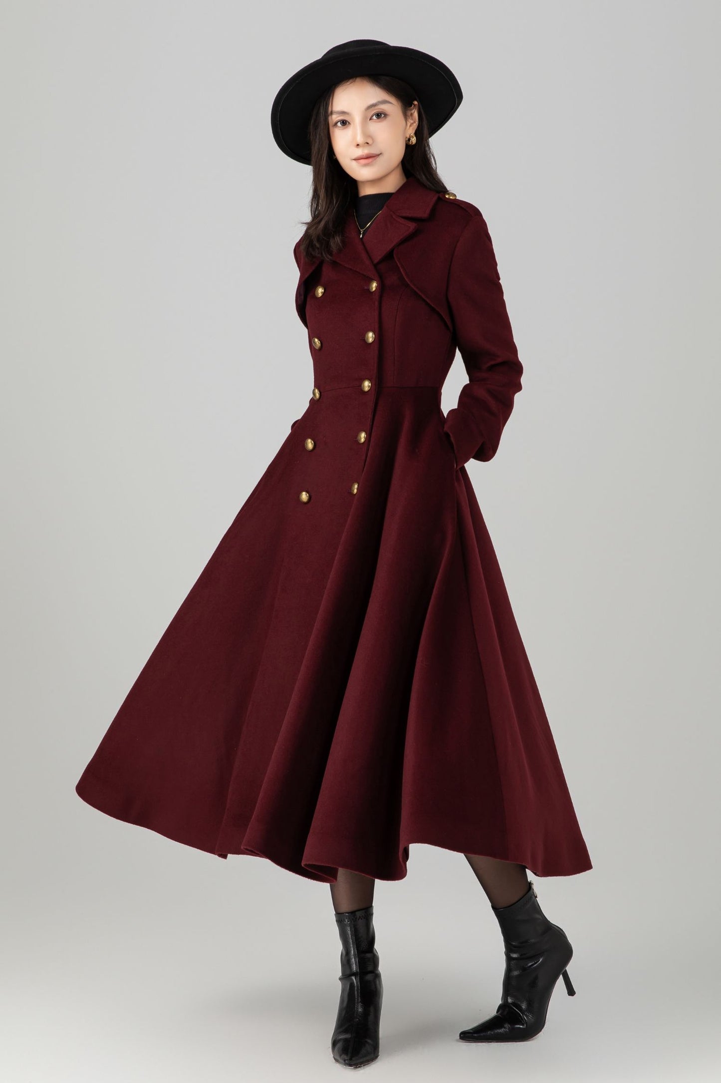 Burgundy winter long warm wool coat C5271