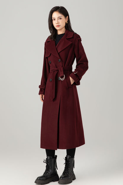Burgundy wool maxi coat with self tie belt C5280
