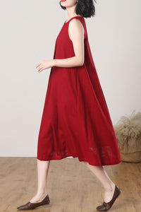 Red Sleeveless Midi Linen Dress C3262