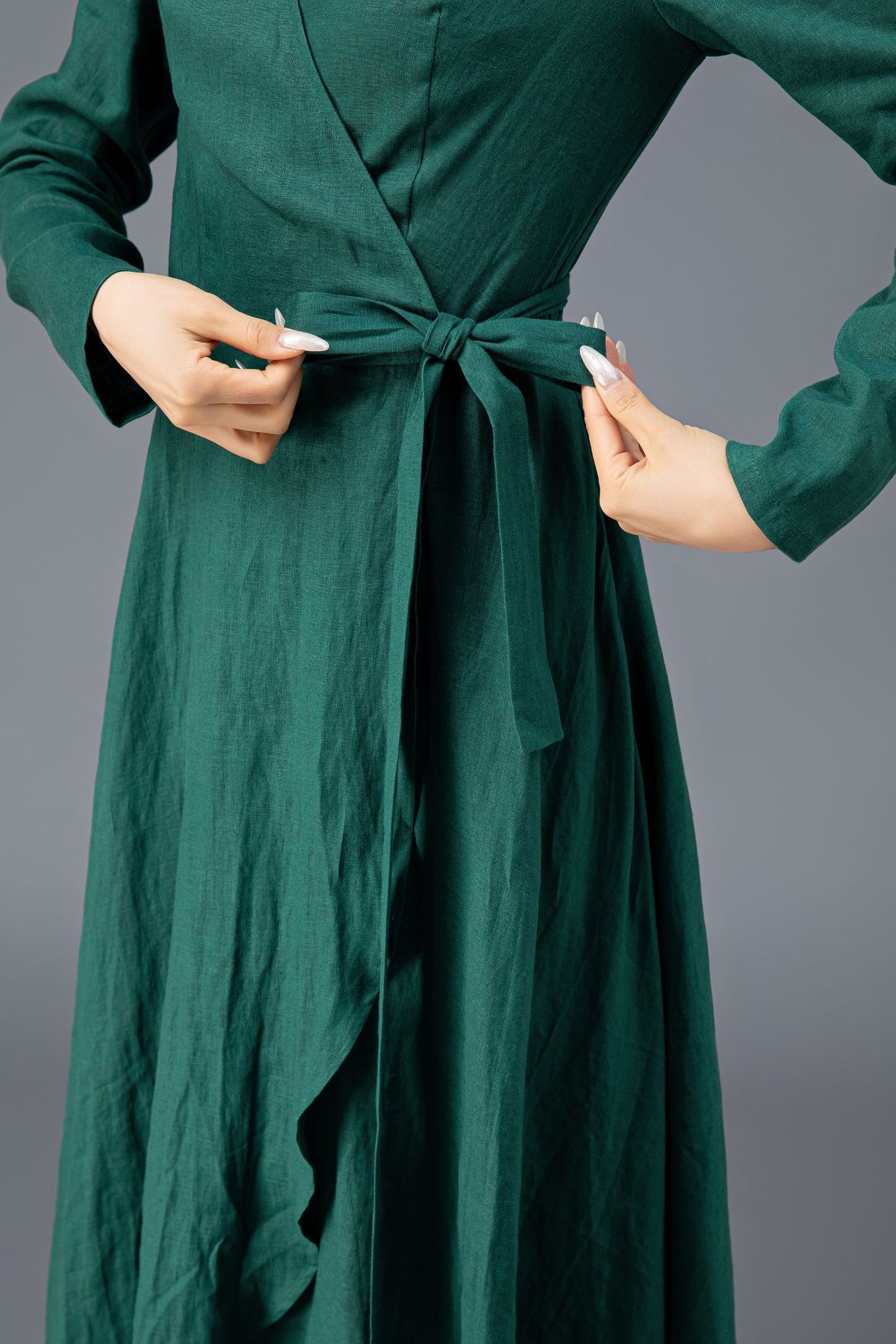 Women's Green Long Sleeves Linen Dress C3914