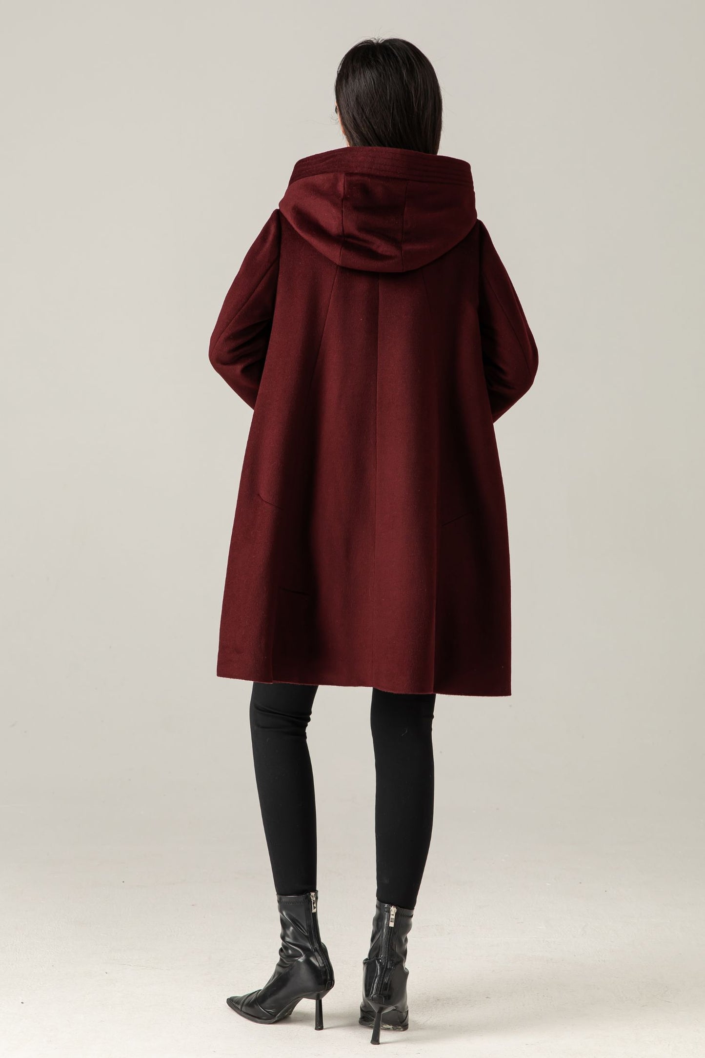 Burgundy Wool Blend Hooded Coat: A-Line Mid-Length Winter Overcoat, Ylistyle C5377