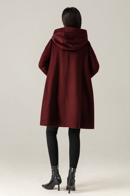 Burgundy Wool Blend Hooded Coat: A-Line Mid-Length Winter Overcoat, Ylistyle C5377