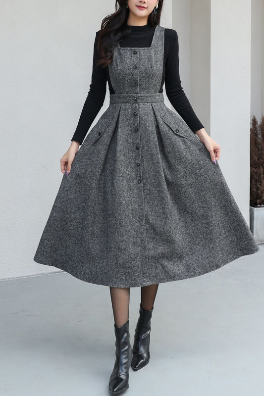 Plaid Pinafore Midi Wool Dress C5187