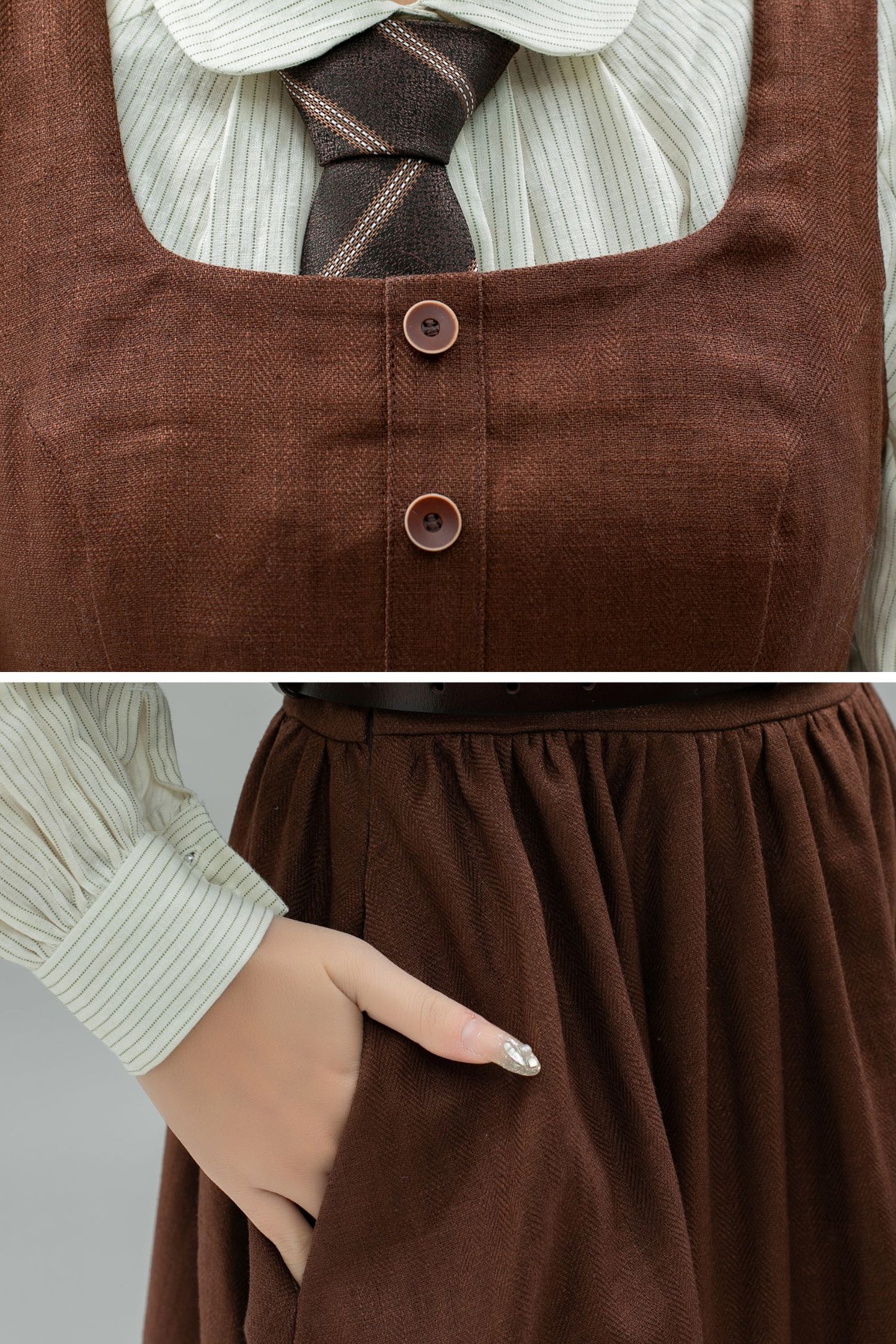 Brown linen Pinafore Maxi Dress C4746