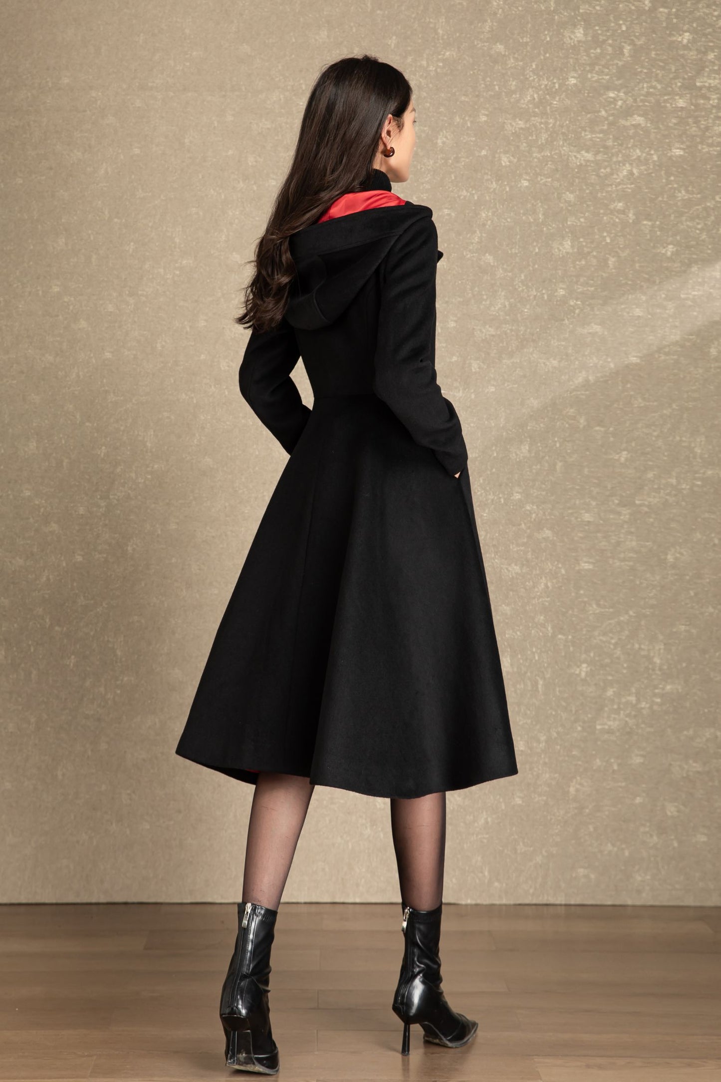 Hooded black long winter wool coat C4489