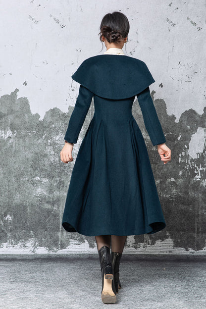 Dark Teal Wool Midi Coat - Large Lapel & Fit-and-Flare Silhouette C5480