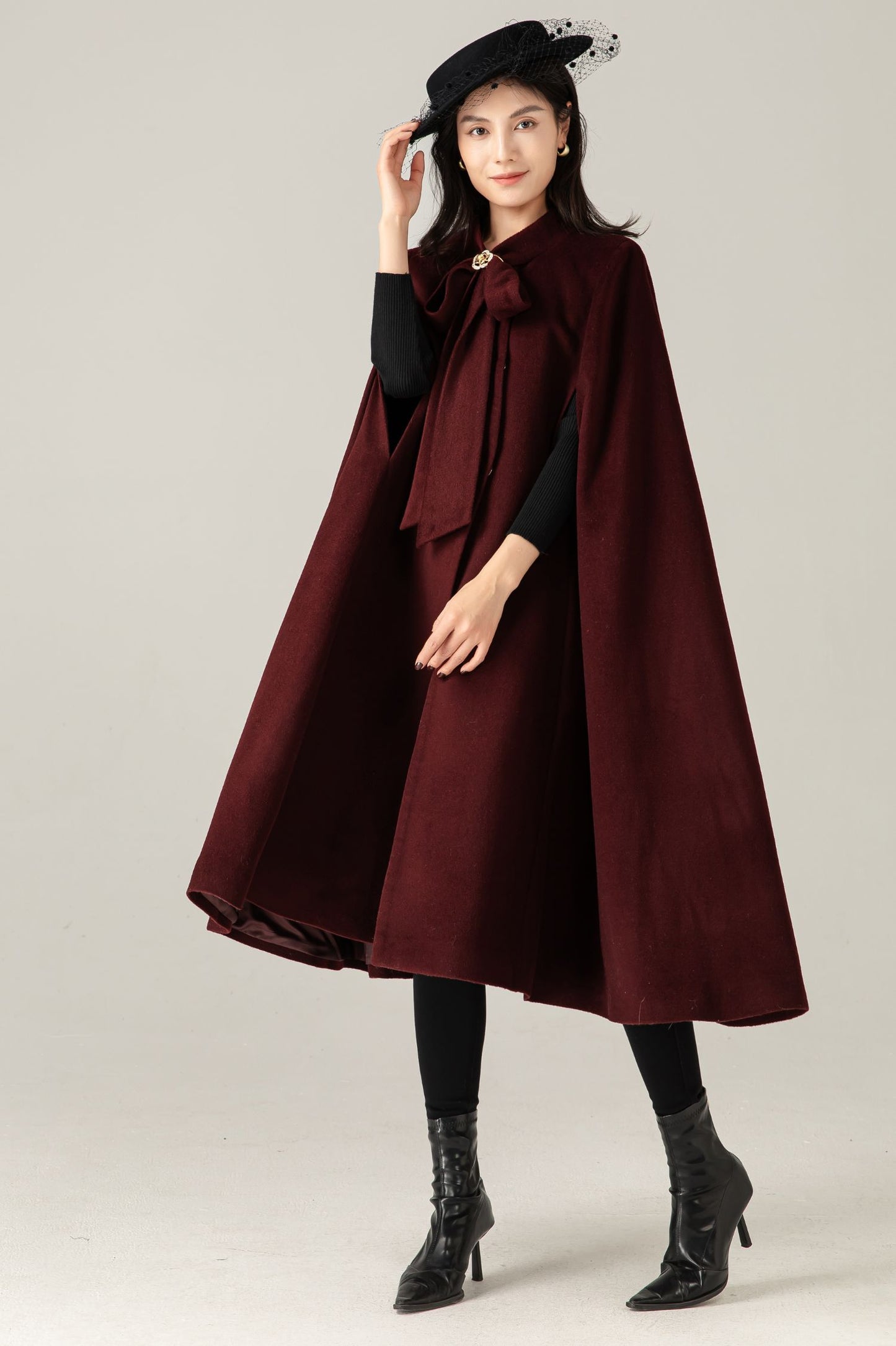 Burgundy Wool Blend Cape Coat: Women Long Winter Cape Outerwear, Ylistyle C5378