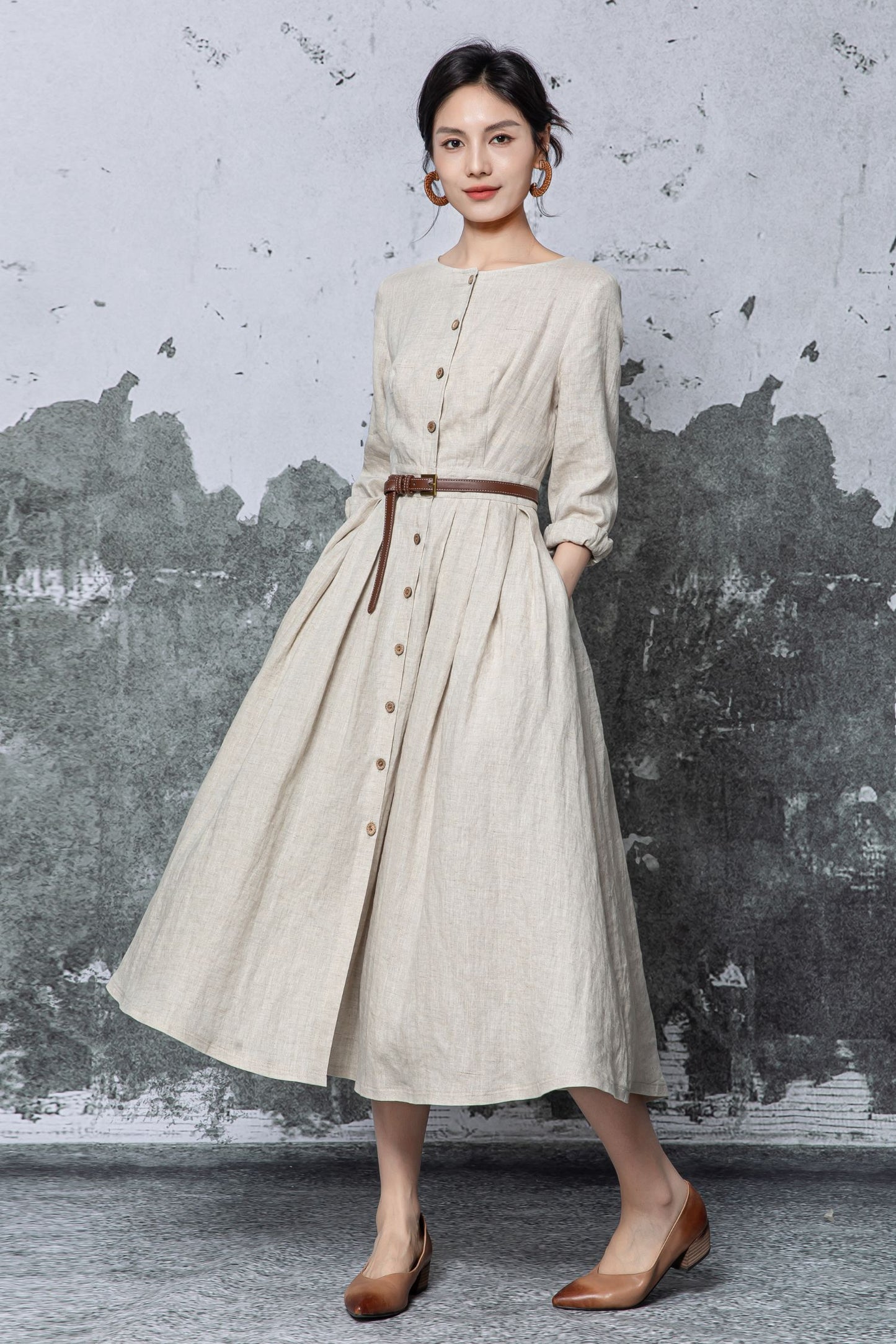Beige Linen Midi Dress - Button Front Pleated A-Line Silhouette c5469