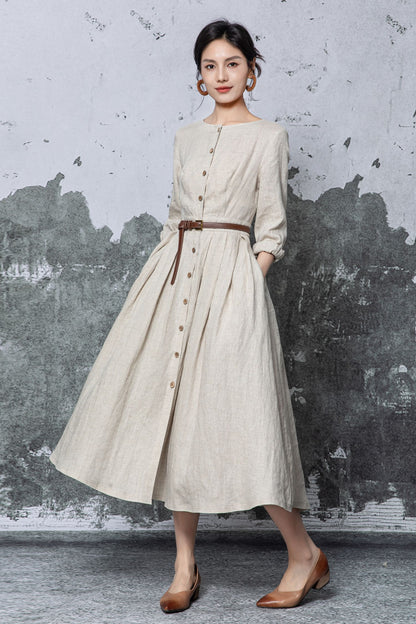 Beige Linen Midi Dress - Button Front Pleated A-Line Silhouette c5469